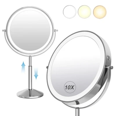 Afbeelding van TUSHENGTU 23,24 cm vergrotende make upspiegel x 10 met oplaadbaar ledlicht, in hoogte verstelbaar, staande scheerspiegel, 360 graden verchroomd bureau (940C10X)