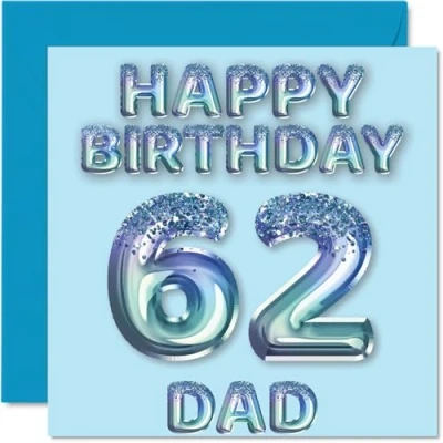 Afbeelding van Verjaardagskaart voor papa 62 jaar, blauwe glitterballonnen, verjaardagskaarten van jaar zoon en dochter, 145 mm x