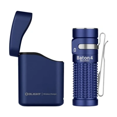 Afbeelding van OLIGHT Baton 4 led zaklamp, stroomvoorziening met draadloze oplader, krachtig, 1300 lumen, 170 m, 190 dagen, looptijd, max. waterdicht, IPX 8, voor camping, outdoor en noodgevallen, blauw