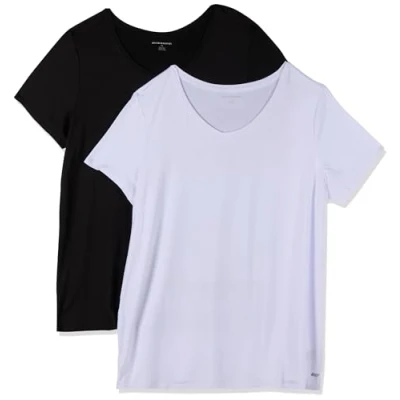 Image de Amazon Essentials T shirt Tech à manches courtes et col en V, extensible (disponible grande taille) Dames, 2 Pack, Blanc/Noir, L