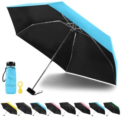 Afbeelding van Vicloon Mini Reisparaplu, Zakparaplu Opvouwbaar Compact Met Plat Handvat, 6 rib Lichtgewicht Waterdichte Stevige en Draagbare Paraplu, Regen Parasol, UPF&gt; 50+ Bescherming (Blauw)