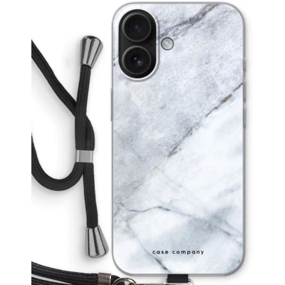 Afbeelding van Case Company® hoesje met Koord geschikt voor iPhone 16 Witte marmer Telefoonhoesje Zwart Bescherming aan alle Kanten en Over de Schermrand