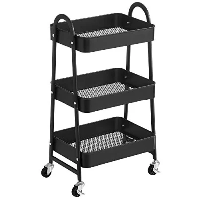Afbeelding van SONGMICS Trolley met 3 niveaus, metalen serveerwagen, keukentrolley, keukenplank handgrepen, 2 remmen, eenvoudig te monteren, voor schildergerei, slaapkamer, wasruimte, zwart