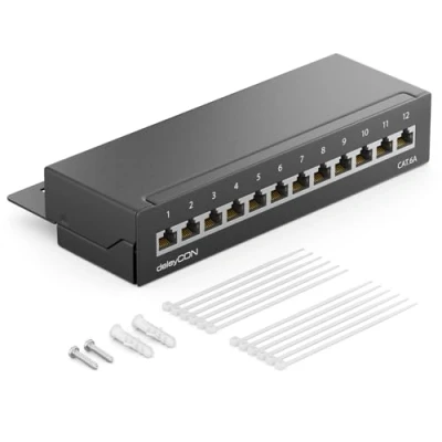 Afbeelding van deleyCON CAT6a patchpaneel, 12 poorten, kantoor en wandmontage, afgeschermd, x RJ45, TIA568A TIA568B, zwart