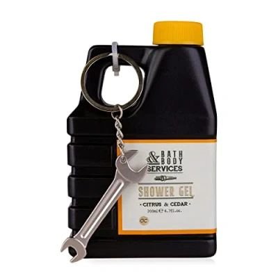 Afbeelding van Accentra Bath &amp; Body Services Douchegel in de vorm van een olie jerrycan, 200 ml, met sleutelhanger, citroen en cedergeur, navulbaar