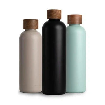 Afbeelding van Roestvrijstalen drinkfles, 1 liter, thermosfles, l, met acaciahouten deksel, geïsoleerde waterfles, lekvrij bij koolzuur, 1000 ml, antraciet