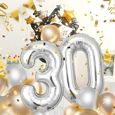 Afbeelding van Ballonnen verjaardag 30, zilver, 100 cm, ballon cijfer nummer Happy Birthday decoratie, ballonnen, verjaardagsfeest, jaren vliegen dankzij heliumballonnen 30