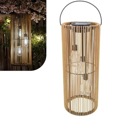 Afbeelding van Gadgy Lantaarn op zonne energie voor buiten, rotanlook, om te hangen of neer zetten, zonnelampen decoratieve zonnelamp, terras, balkon, tuindecoratie, tafellamp
