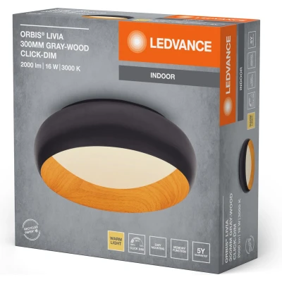 Afbeelding van LEDVANCE ORBIS Livia LED plafondlamp met metalen ring, grijs/hout decor, 16W, 750lm, 3000K, 300mm, 830 vriendelijk warm wit, dimbaar in 3 niveaus door te klikken, IP20, inclusief schroeven/pluggen