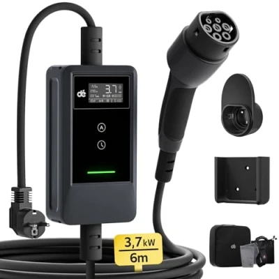 Afbeelding van dé Elektrische auto oplaadkabel type 2 Schuko 3,7 kW [6 m, 6 16 A] EV oplader met kabelhouder en digitaal lcd scherm voor e Model 3/Y, ID.3/4/5, MG4, Q4, GLA, Zoe