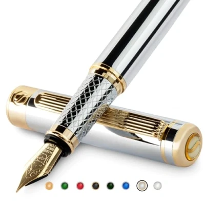 Afbeelding van Zilver Chrome Vulpen Scriveiner Prachtige Pen met 24K gouden afwerking, Schmidt 18K vergulde penpunt (Extra Fine), beste Gift Set voor mannen en vrouwen, professioneel, uitvoerend, kantoor, mooie pennen