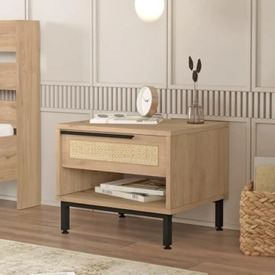 Afbeelding van Nachtkastje Kvænangen 42,5x53,5x44,5 cm eikenkleurig rotan look en zwart [en.casa]