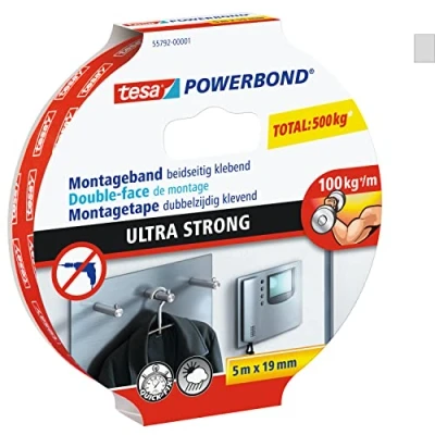 Image de tesa Powerbond Ultra Strong Ruban Adhésif de Montage Double Face Extra Fort Puissant pour la Fixation D&#039;Objets Sans Percer 5 m x 19 mm