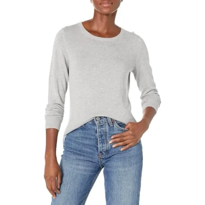 Image de Amazon Essentials Chandail léger à manches longues et encolure ras du cou pour femme (disponible en grande taille), gris clair chiné, taille L
