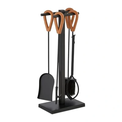 Afbeelding van Relaxdays haardset 5 delig pook, schep &amp; borstel haardstel leren handgrepen modern