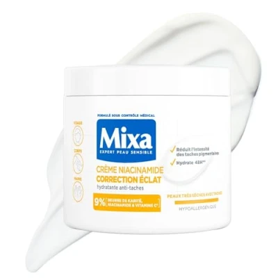 Image de Mixa Crème Niacinamide Correction Éclat Hydratante Anti Taches au Beurre de Karité, à la et Vitamine C Adaptée Visage, Corps Mains Hypoallergénique 400ml