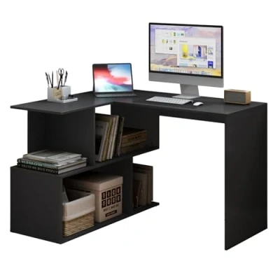 Afbeelding van WOLTU L bureau, hoekbureau met opbergruimte, 120 x 100 cm, bureautafel, computertafel planken, zwart, TS64sz