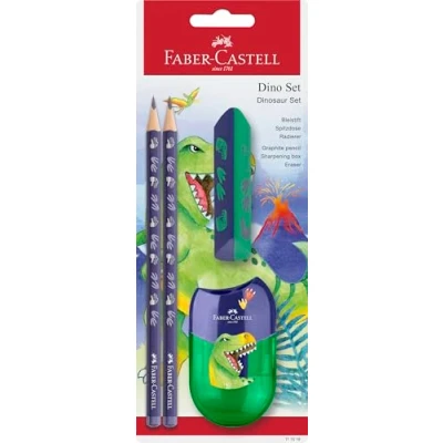 Afbeelding van FABER CASTELL 111519 Dino schrijfset met HB potloden, puntenslijper en gum, schoolset voor kinderen