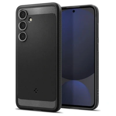 Image de Spigen Rugged Armor Coque de protection pour téléphone portable polycarbonate, polyuréthanne thermoplastique (TPU), mousse à impact noir mat Samsung Galaxy S24 FE