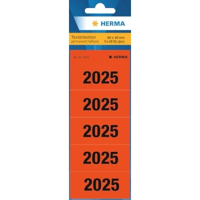 Afbeelding van HERMA 100 stuks jaarlijkse cijferstickers 2025 voor ordners, 60 x 26 mm, 5 per vel, matte ondoorzichtige tekstetiketten, rood