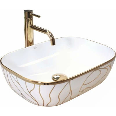 Afbeelding van REA Belinda Opzetwastafel Waskom 46.5 x 33 13.5 cm Glans Wit Wave Gold