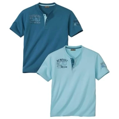 Afbeelding van Atlas For Men Set van 2 T shirts voor heren met korte mouwen, Tunesische kraag, verkrijgbaar in grote maten M tot 5XL, Aqua Turkoois, Blauw