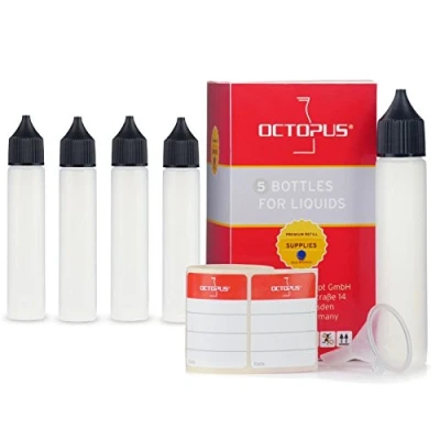 Afbeelding van Octopus 5 x 30 ml vloeistofflessen met trechter + etiketten, zachte doseerflessen van polyethyleen lage dichtheid, plastic flessen zwarte dop