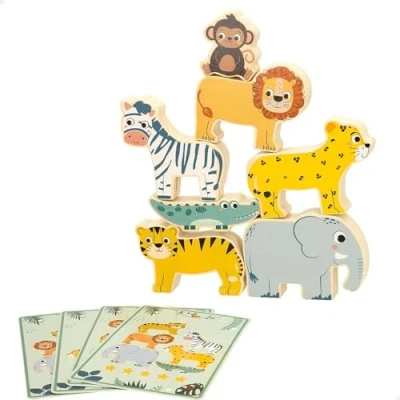 Afbeelding van WOOMAX Zookabee houten dierentoren, inclusief kaarten en stoffen opbergtas, balansspel, safari, stapelbaar, voor baby&#039;s van 24 maanden, speelgoed kinderen 2 jaar, educatief spel, FSC