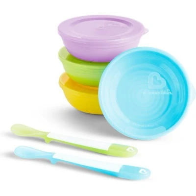 Afbeelding van Munchkin Babymaaltijdset, Love A Bowls, kommen met deksel, gekleurd servies van kunststof, vaatwasmachinebestendig, en lepels voor baby&#039;s 1e leeftijd 4 stuks (meerkleurig)