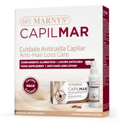 Afbeelding van Marnys Capilmar Anti haaruitval Pack 60 capsules + lotion 100 ml remt haarbescherming herstelt stevigheid en glans intensieve verzorging voor 30 dagen
