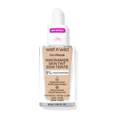 Afbeelding van Wet n Wild Bare Focus Niacinamide Skin Tint, lichte foundation met modulaire formule, verrijkt hyaluronzuur en vitamine E voor een stralende look, fair beige