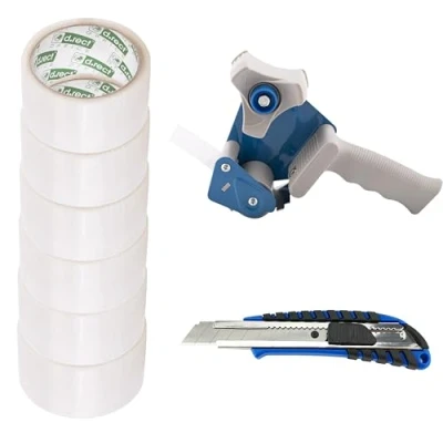 Afbeelding van D.RECT Handplakbanddispenser met 6 rollen transparant plakband 50 m x 48 mm plakband, snijmes 18 rubberen handgreep,