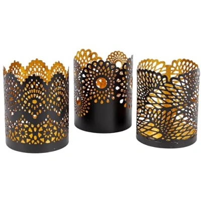 Afbeelding van Gadgy Waxinelichthouder Rond Theelichthouders Set van 3 Sfeerverlichting binnen Kaarsenhouders voor Waxinelichten Kantpatroon 8.5 x 10.5 cm