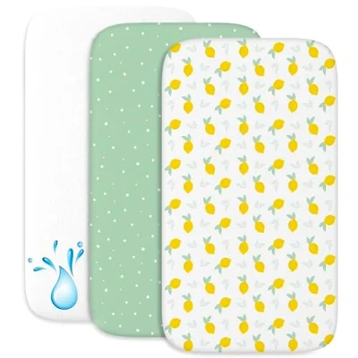 Afbeelding van Cododo Hoeslaken (2 stuks) + 1 matrasbeschermer, waterdicht, met elastiek, 3 in 1, afmetingen 50 x 83 cm, compatibel wiegen, matras Baby, voor meisjes en jongens, motief citroen