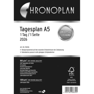 Afbeelding van Chronoplan 50226 calendrier 2026 (plan quotidien A5 (148 x 210 mm), de rechange, pour planificateur quotidien, idéal planification quotidienne détaillée, 1 jour sur page, avec