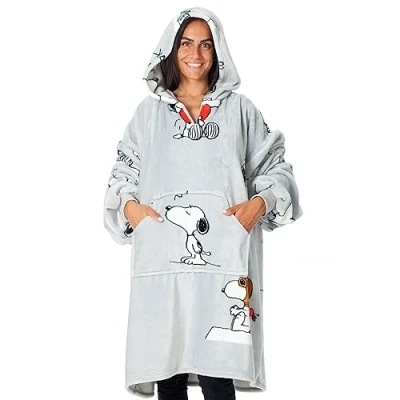 Afbeelding van KANGURONE SNOOPY HOODIE OVERSIZE MICROVEZEL DRAAGBARE DEKEN MET CAPUCHON EN ZAK VOOR VOLWASSENEN LICHTGRIJS 95X95 CM