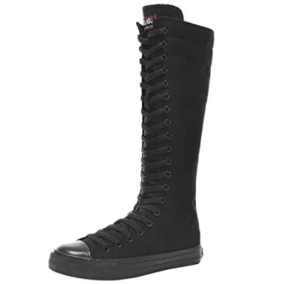 Afbeelding van ANUFER meisjes, dames, knie, hoge laarzen van zeildoek, veters, platte ritssluiting, sportschoenen, Puur zwart
