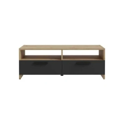 Afbeelding van PILVI TV meubel Eigentijdse stijl Eiken en Zwart decor 2 kleppen + nissen L 95 x D 36 H 34,5 cm