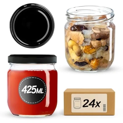 Afbeelding van KADAX Set van 24 jampotten, 425 ml, met schroefdeksel, inmaakpotten, jam honing, zwart