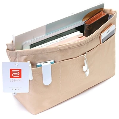 Afbeelding van iN. Dames Nylon Doek Handtas Organizer Handtassen en Draagtas Beige Maat: S: 33 cm (boven) / 22,1 (onder) L x 12,9 (B) 19,1 H