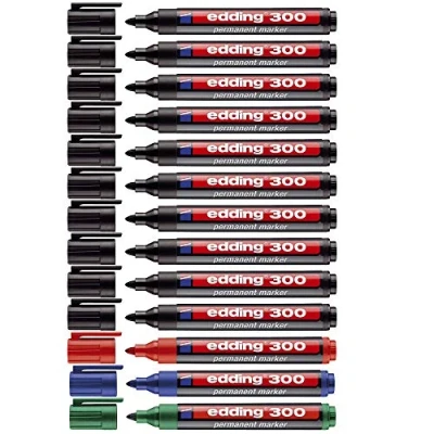 Afbeelding van edding Permanente marker 300 (10 zwart) + 3 (rood/groen/blauw)