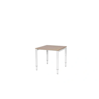 Afbeelding van Domino bureau, hoogte instelbaar (62 85cm) met 80x80cm &#039;zwevend&#039; havana/ kersen licht 25mm blad en wit (RAL9010) N poot frame.