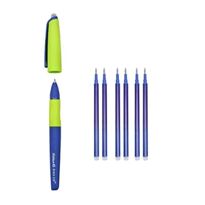 Afbeelding van Pelikan Erase 2.0 rollerbalpen, afwasbaar, ergonomisch, blauwe inkt, voor rechts en linkshandigen, school, navulbaar, 6 navulverpakkingen inbegrepen