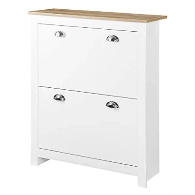 Afbeelding van HOMCOM Schoenenkast met 2 klapdeuren, vakken, handgrepen, schelpen, metaal, MDF, wit, licht eiken