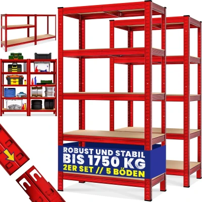 Afbeelding van Stellingkast Set van 2 180x90x40cm Belastbaar tot 1750kg Rood