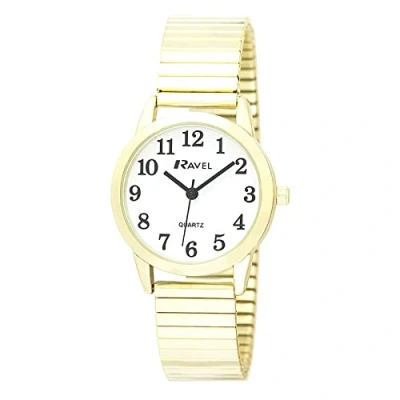 Afbeelding van Ravel Modern en minimalistisch uniseks kwartshorloge voor dagelijks gebruik, roestvrij staal, goud, dames 27 mm case, armband, Goudkleurig Armband