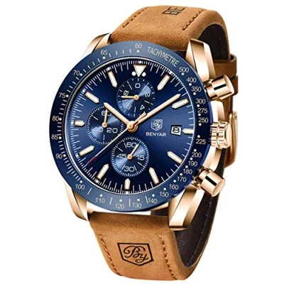 Afbeelding van Benyar heren polshorloge, chronograaf met leren armband, waterdicht, L Goud Blauw, Riem