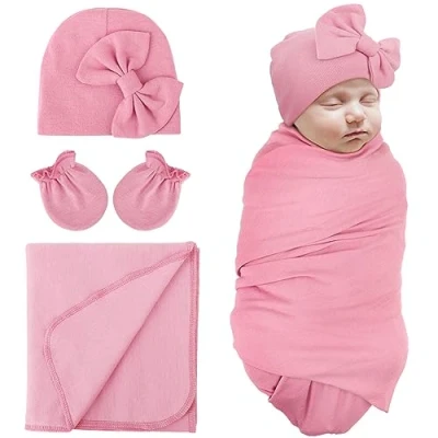 Afbeelding van DRESHOW Katoenen wikkeldeken voor pasgeborenen met wanten en ziekenhuismutsen, 1 set Y02: Blankets hoeden &amp;