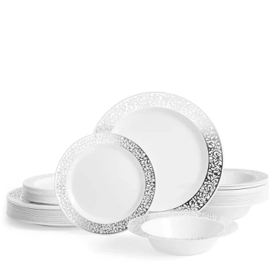 Afbeelding van MATANA 75 Set Herbruikbare Plastic Borden en Schalen met Zilveren Kanten Rand 25 Dinerborden (25cm), Dessertborden (18cm), Kommen (360ml)