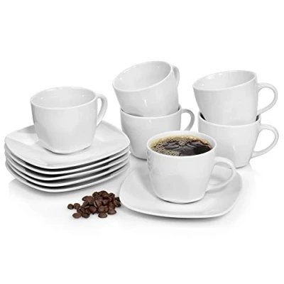 Afbeelding van SÄNGER set van 12 Bilgola porseleinen koffiekopjes, koffieservies voor 6 personen, kopjes en schoteltjes, vierkant design 150 ml Premium collectie